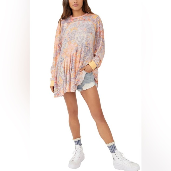 🎉HP🎉 NEW NWT Free People Making Circles Longline T-Shirt Tunic Paisley Small - Picture 9 of 14
